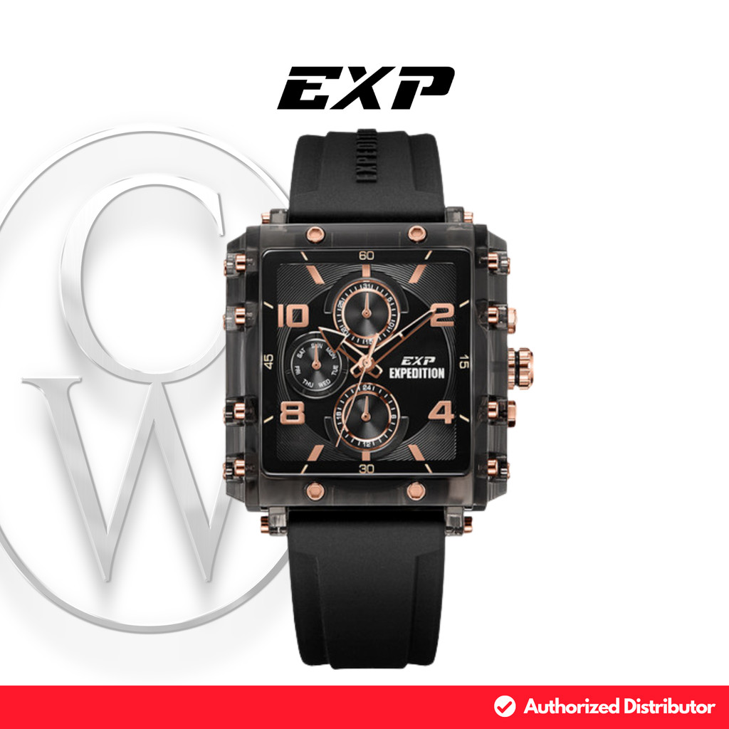 Jam Tangan Wanita Expedition EXP Multifungsi E 6808 MFRRGBA Karet Sporty Hitam Rosegold