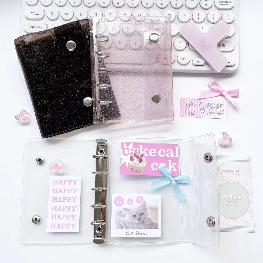 

M5 5Holes Glitter Pink Black Transparent Binder Loose Cover Journal Sketchbook Accessories Diary Office Supplies