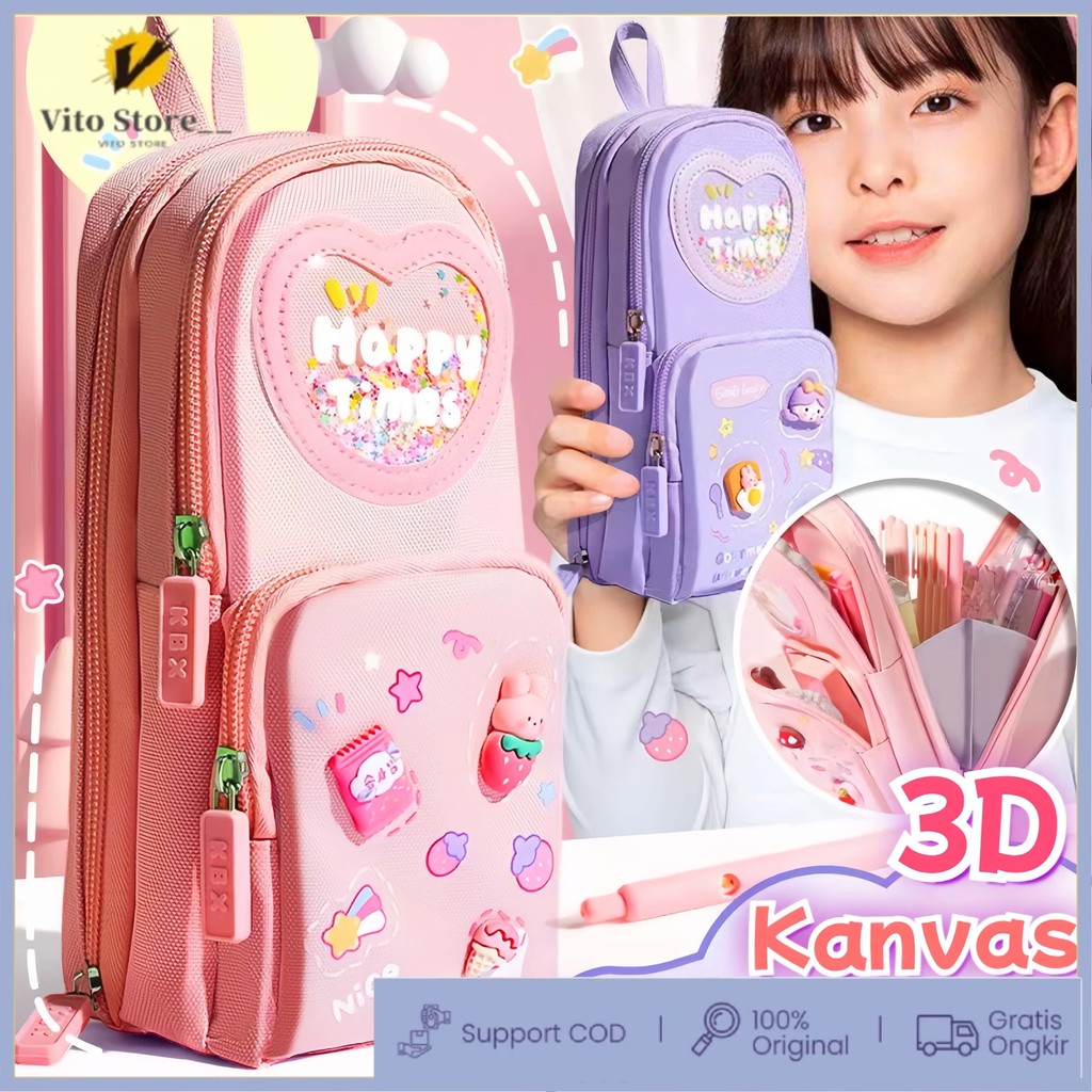

（Gaya baru）Tempat pensil kotak 3D Anak perempuan Lucu Besar/ Kotak pensil kanvas 6 ruang/Kotak pensil anak /es krim