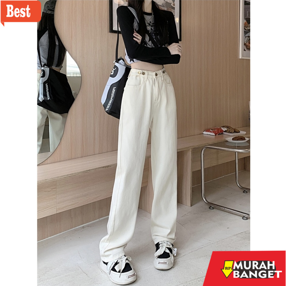 celana jeans wanita terbaru OORA Celana Jeans Putih Wanita High Waist Korean Style Celana jeans luru