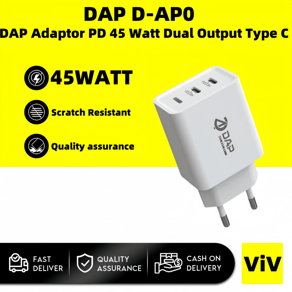 DAP D-AP0 Adaptor Fast Charging  PD 45 Watt Dual Output Type C & Type C charger  - Garansi 1 Tahun D