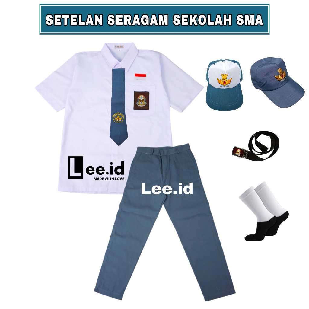 PL26Y Setelan Seragam Sekolah SMA Abu Putih Laki-laki Baju Putih Lengan Pendek Celana Abu Panjang