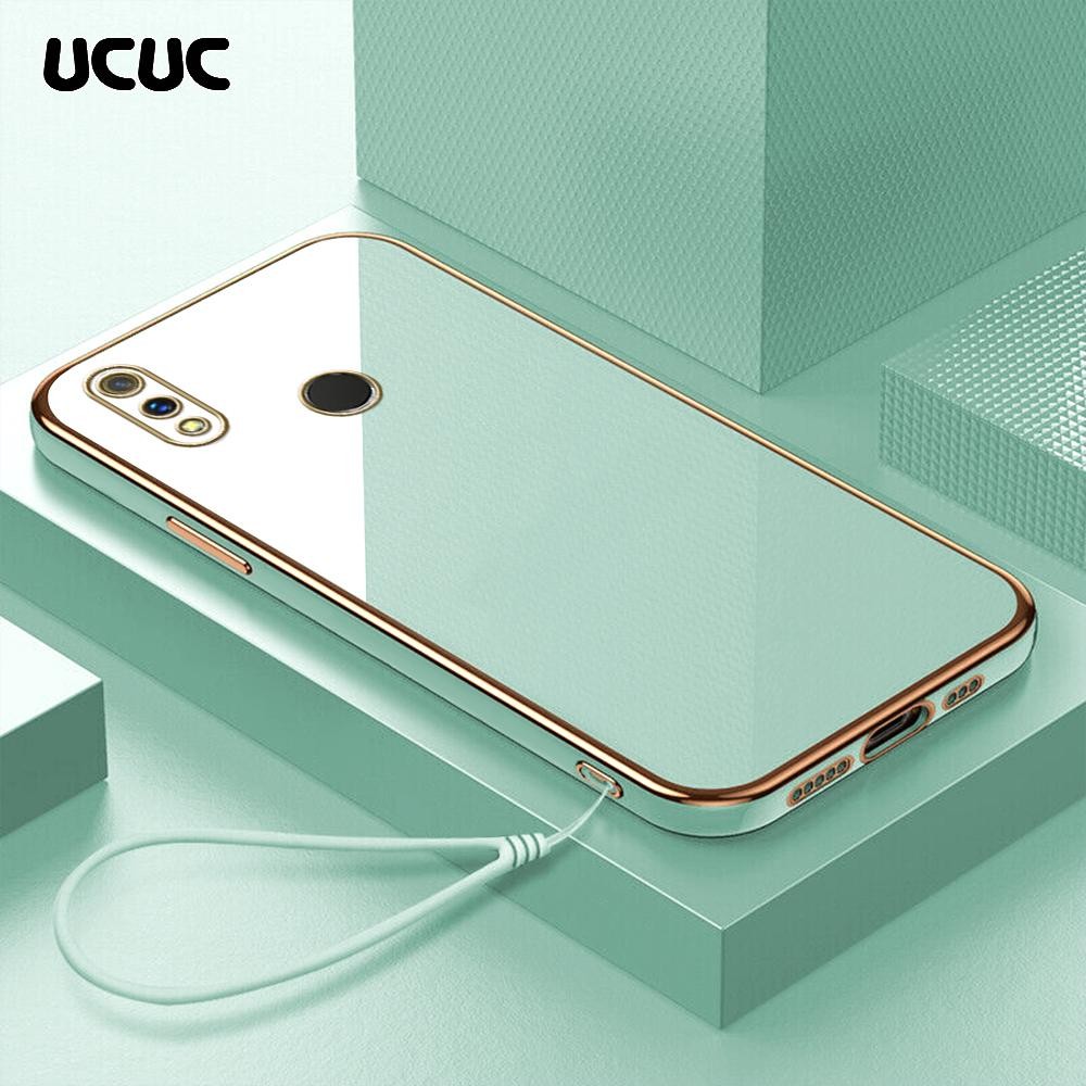 UCUC Realme 3 Pro (Lanyard Gratis) Cartoon Square Edge Pattern Design Luxury Plating Soft Phone Case