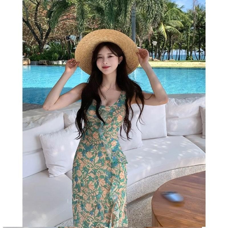 dress hijau floral tanpa lengan wanita big size pantai Elegant party backless dress korean style