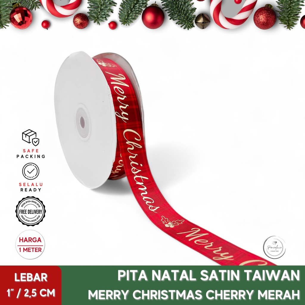 

(METER) Pita Natal Satin Taiwan Motif Kotak Merry Christmas Daun Holly Cherry Lobi Lebar 1 Inch / 2,5 cm Merah Hiasan Dekorasi Kado Hampers