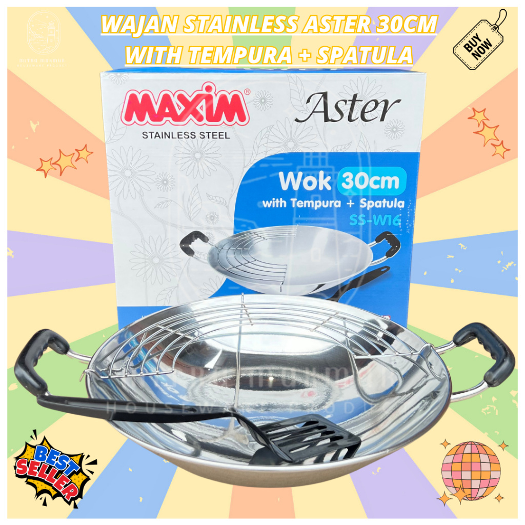 Maspion Panda Aster Wok 30 Cm + Tempura - Wajan Stainless Steel Penggorengan