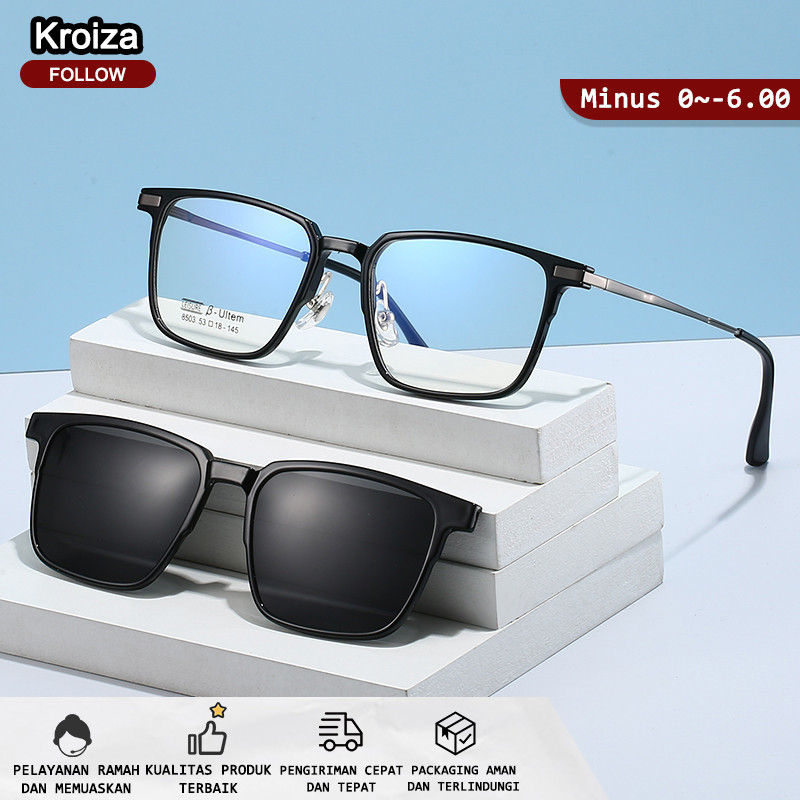 Kroiza Kacamata Clip On Pria Wanita Minus Kaca Mata Optik Anti Blueray Photocromic Bluecromic