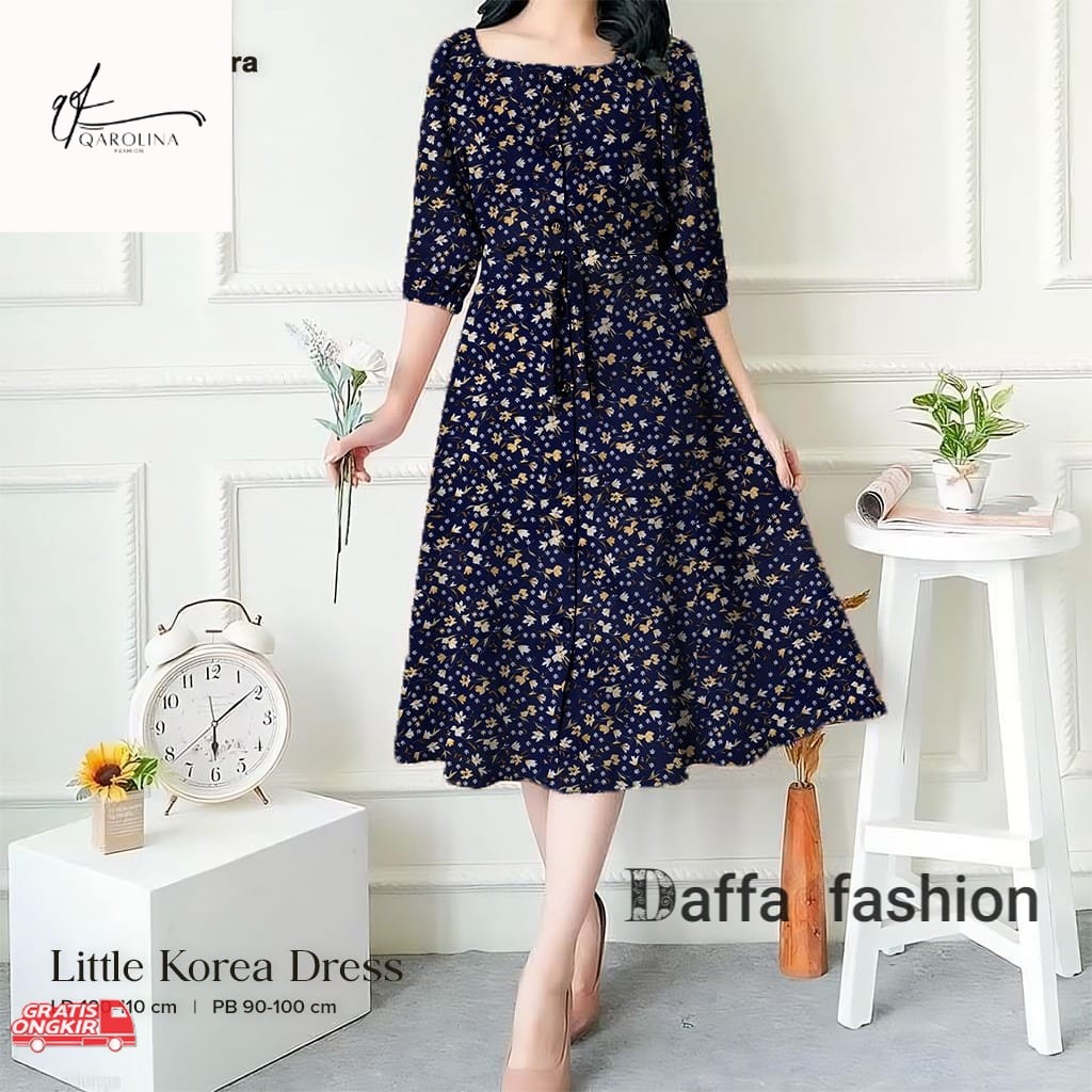 Dress Korea / Dress V-Neck Midi Korea Model Sabrina | Dress A Line Print Daisy Lengan Puff