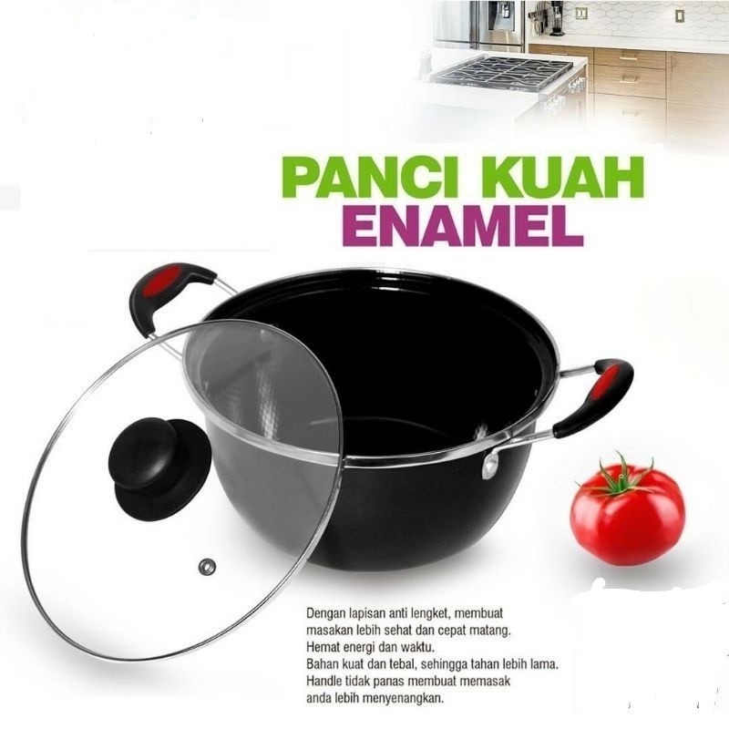 ACEH.ANSJ 112909 Panci Goreng Kuah Rebus Serbaguna Enamel 24 CM dan Tutup Kaca Q2 2405 terbaru