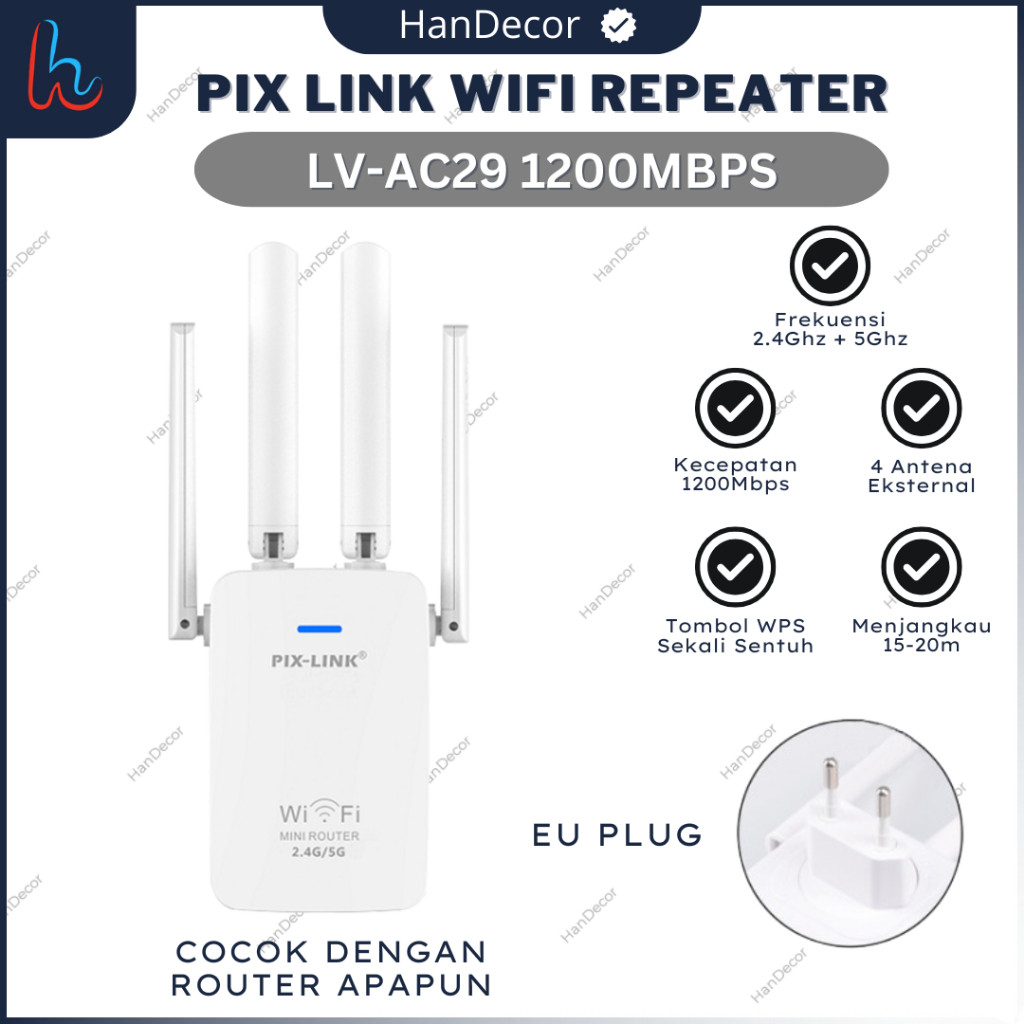 PIX-LINK AC29 Wireless Wifi 1200MBPS Penguat Sinyal 5G+2.4GHz Extender Repeater 4 Antena Eksternal