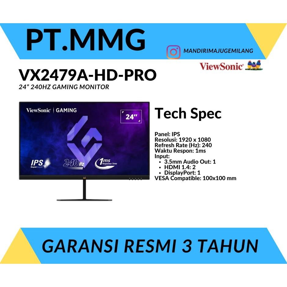 Monitor LED Viewsonic VX2479A-HD-PRO 24" 1ms 240Hz FHD 1080p SuperClear IPS HDR10 VX2479 A HD PRO