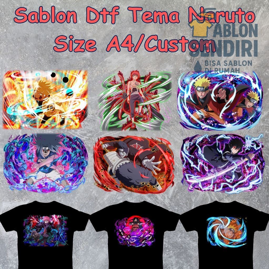 Sticker Baju DTF Tema NARUTO A4 Sablon Setrika Baju Ukuran A4 & Bisa Request Ukuran Sablon ANIME (St
