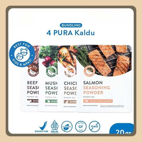 

Pura Kaldu Asli | 4 Bumbu Kaldu Ayam Kampung, Sapi, Jamur & Salmon (20gr) - Seasoning Powder - Kaldu Mpasi - BB Booster - No Msg - No Gula - Kaldu Serbaguna - Kaldu Alami