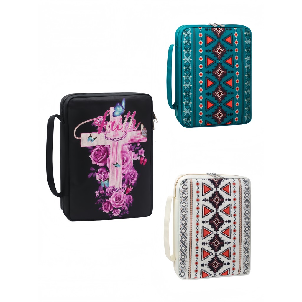 

Large Capacity Zippered Bible Case, Water-Resistant Fabric with Handle & Pockets, Bohemian Style Bible Bag for Women & Girls
