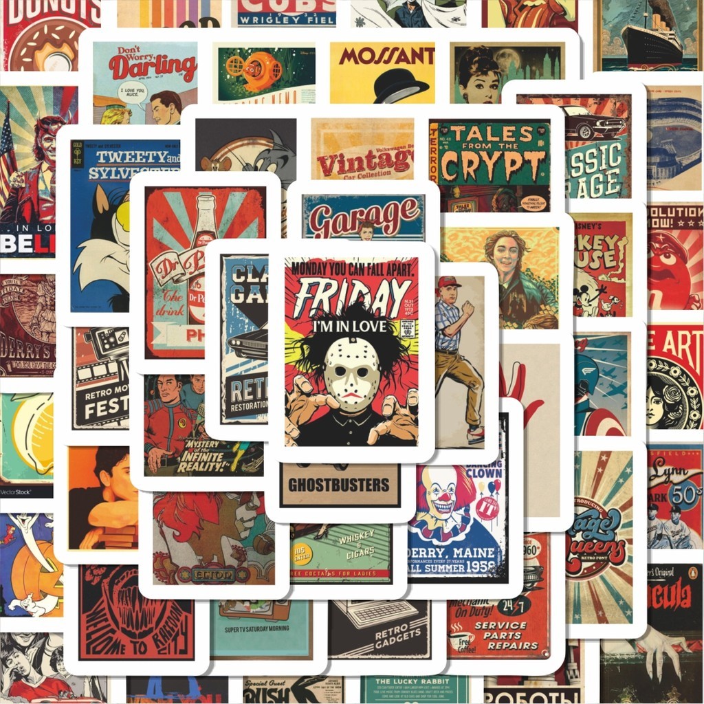 

100PCS Lucu Stiker Classic Retro Poster Stiker Aesthetic Stiker Anti Air Stikers Berperekat Waterproof sticker decal buat Motor Helm Buku Journal Koper Casing HP Laptop Botol Minum Hadiah anak