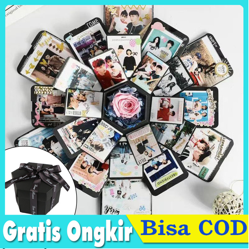 

Kotak Hadiah Eksplosion Heksagonal DIY - Album Foto Pop Up 3D untuk Ulang Tahun Anniversary Valentine Romantis Kejutan Unik