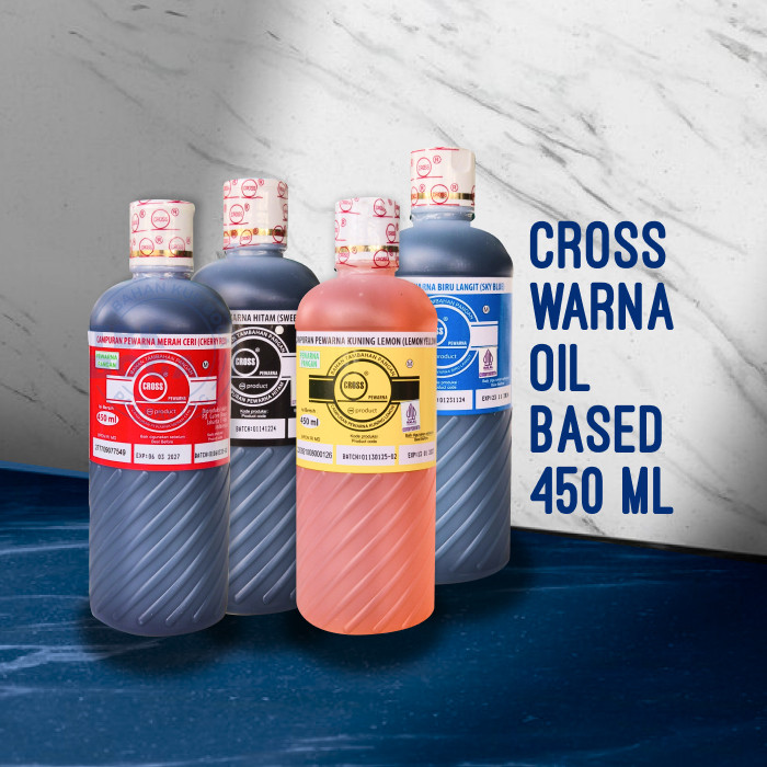 

Cross Pewarna Oil Based ( 450 ml ) Sky Blue Black Cherry Red Yellow Lemon Minyak Warna