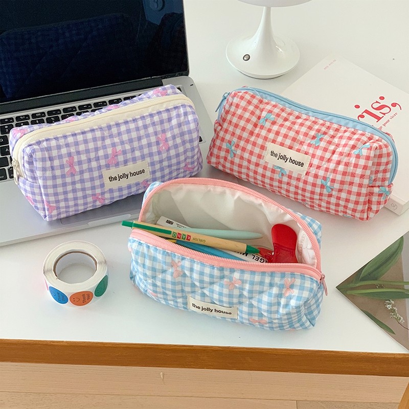 

Plaid Bow Print Pencil Case Portable Students Stationery Case Storage Bag Large Capacity Pencil Case School Organizer Supplies