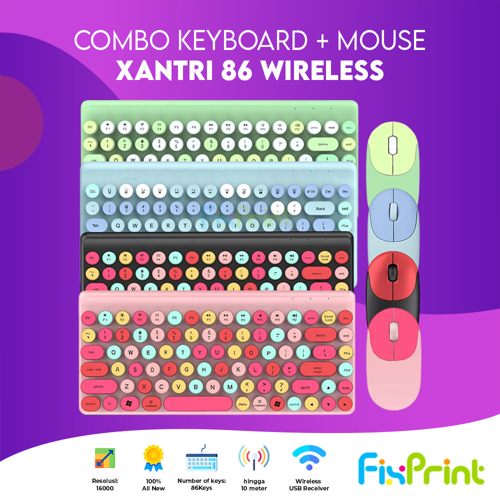 1 Set Keyboard dan Mouse Xantri 86 Keys Wireless Retro Full Color Warna Black Green Blue Pink