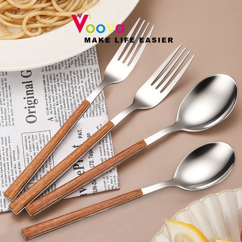 VOOVA 6PCS Sendok & Garpu Makan Gagang Kayu Tebal Stainless Steel/ Sendok Makan/ Sendok Makan Siang