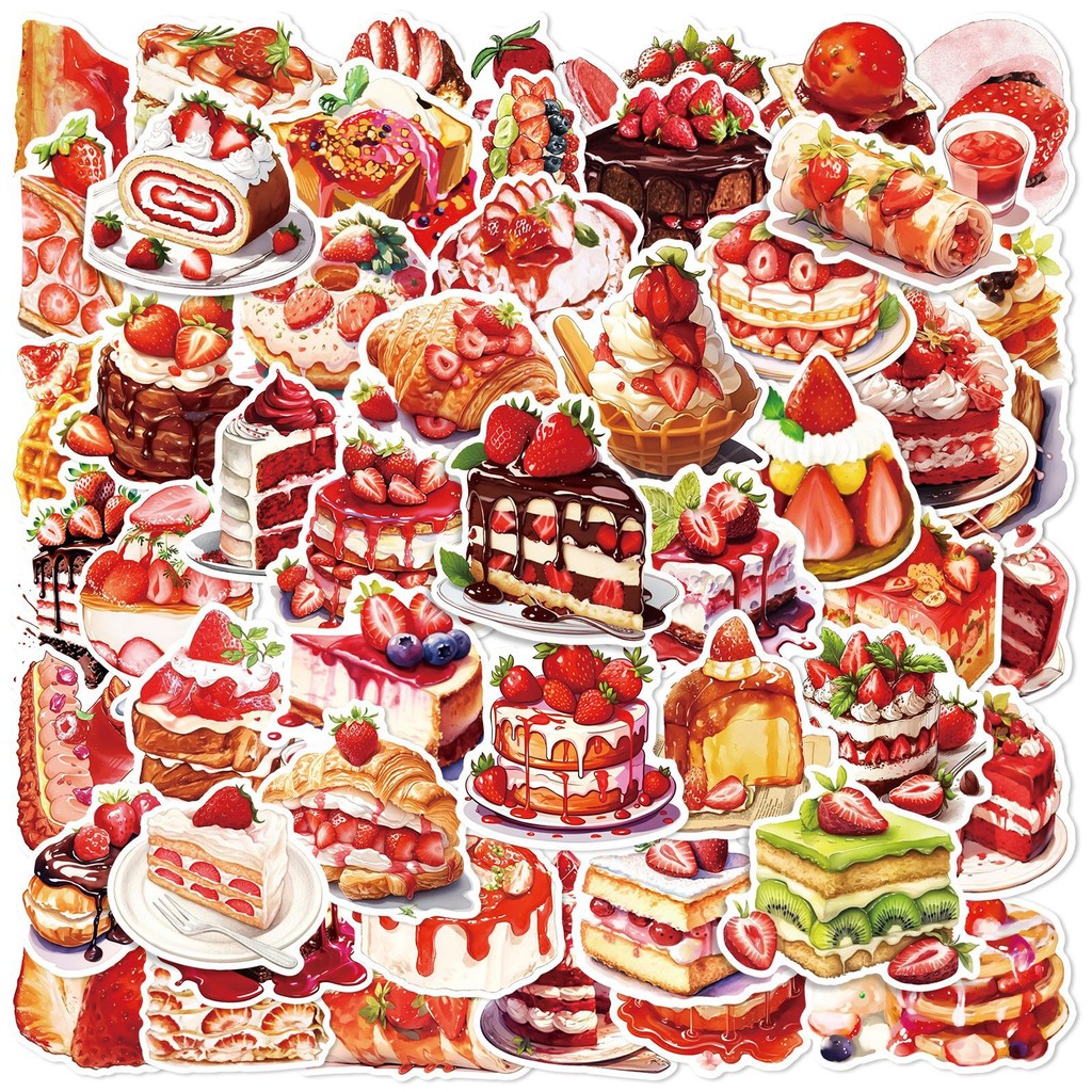 

10/25/50pcs Cartoon Strawberry Cake Stickers Dessert Decals for DIY Fridge Water Bottle Phone Laptop Gift Decor Scrapbooking