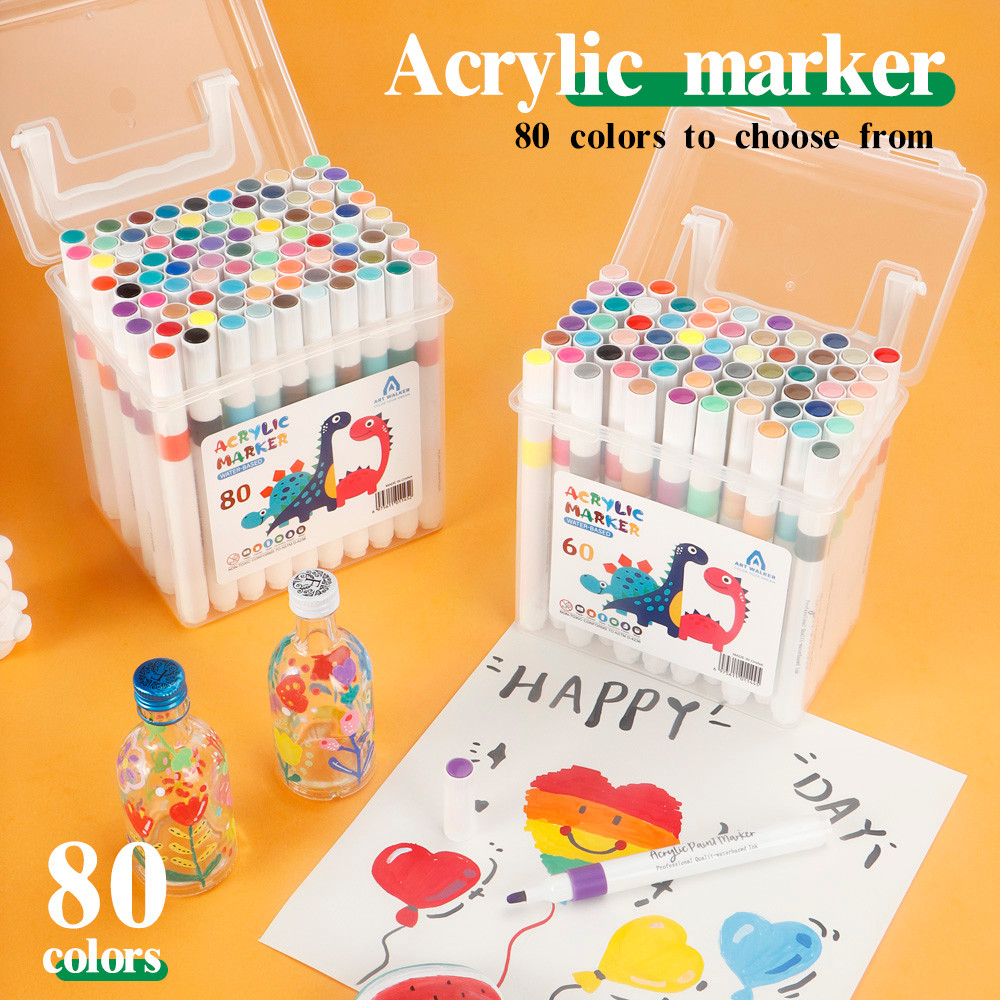 

12-80 Colors Acrylic Markers Pen Set Paint Art Marker Soft Tip Pen for Children Stone Paint Ceramic Glass Wood Fabric Painting