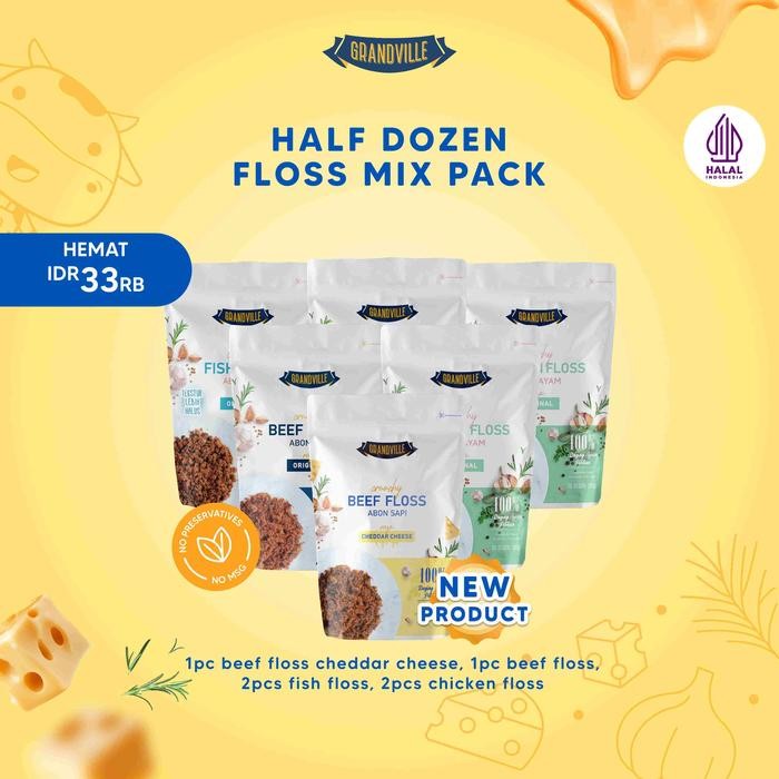 

6Pc Grandville Abon Mix Sapi CHEDDAR CHEESE [1Pc] , AYAM [2Pc], IKAN [2Pc] & SAPI [1Pc] Crunchy - Non Msg Gluten Free