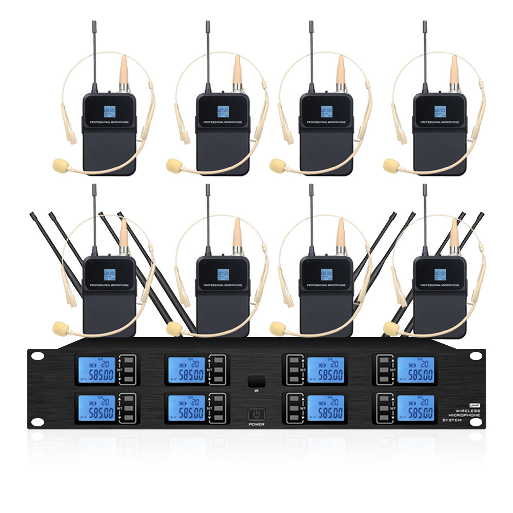 UHF Wireless Microphone 8 Channel Handheld Headworn Lavalier Microphone Church Theater Wedding Stage
