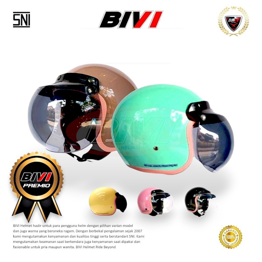 DROG.SHOP HELM BIVI Premio Helm Bogo List Pink Polos Retro Hijab Wanita Retro Half Face + Kaca SNI