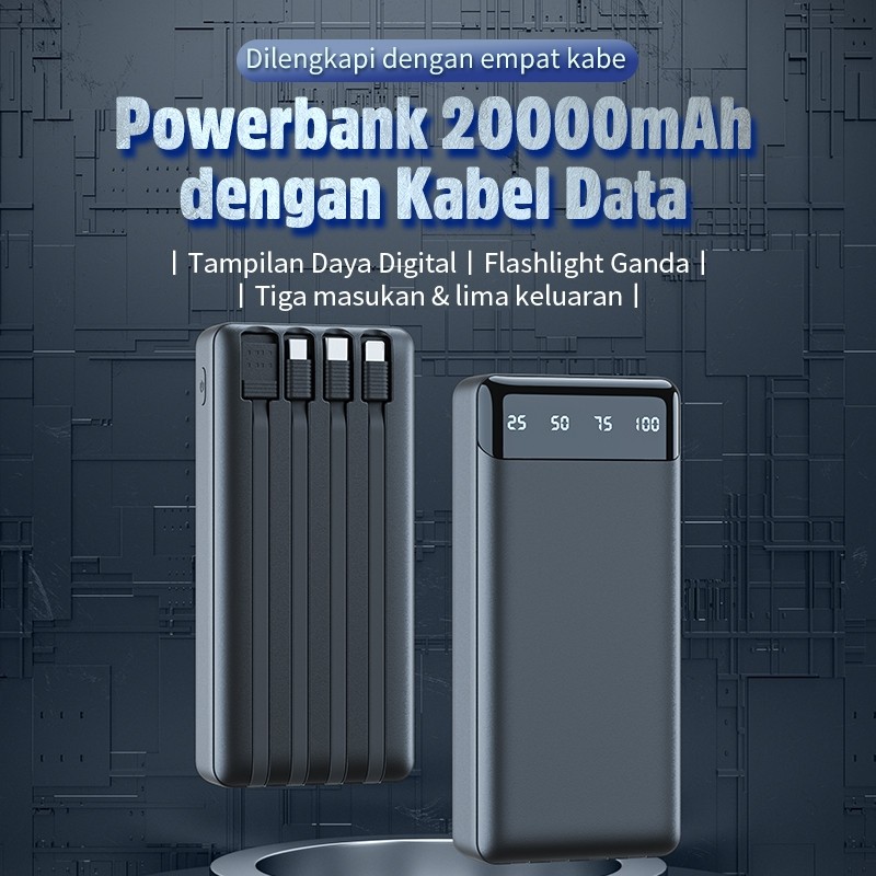 KIVEE Powerbank 20000 mah Fast Charging Mini LCD With Kabel Data lightning Type C Micro USB