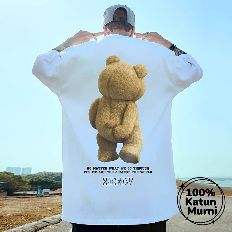 Kaos pendek lebar katun pria dengan motif beruang kaki pendek gaya trend barat