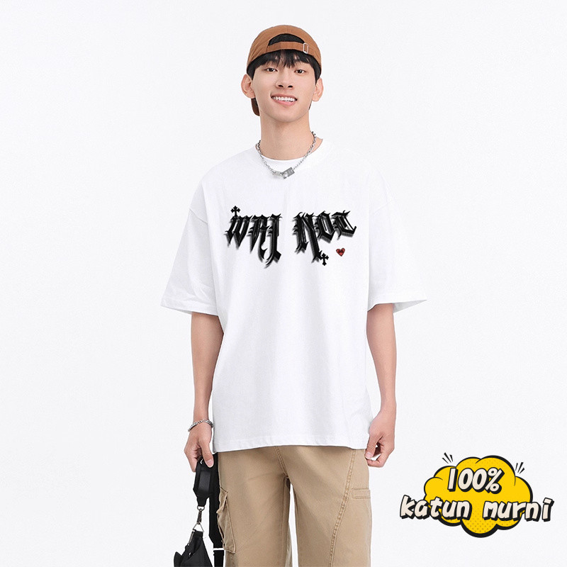 Kaos T - shirt Pendek Gaya Korea Unik Keren, Desain Tulisan Gotik “Wainot”, Katun Murni, Oversize Mu