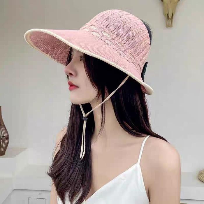 TERBARU Topi Pantai Bulat Jerami Rajut Wanita Aksen Bunga Pita Topi Musim Panas Fashion Wanita/Topi 