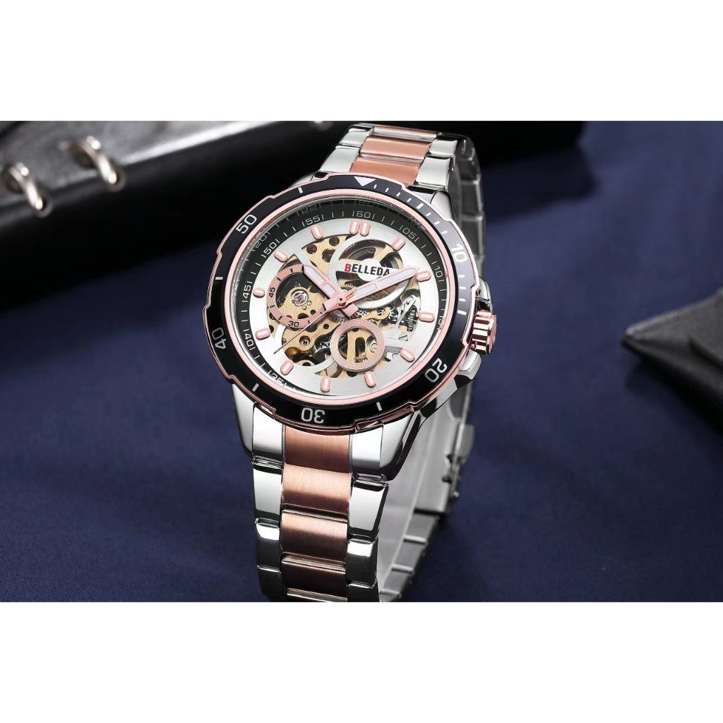 GJ BELLEDA 9486 Jam Tangan Pria Cowok Original Mesin Otomatis Sporty Rantai Steel Anti Air