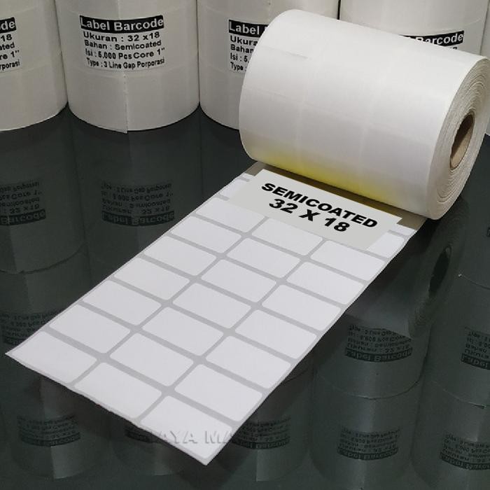 

VIRAL LABEL STICKER BARCODE SEMICOATED 32 X 18 3 Line Gap Core 1 Inch FACE IN Isi 5000 pcs untuk Supermarket & Toko Aksesori Handphone NEW