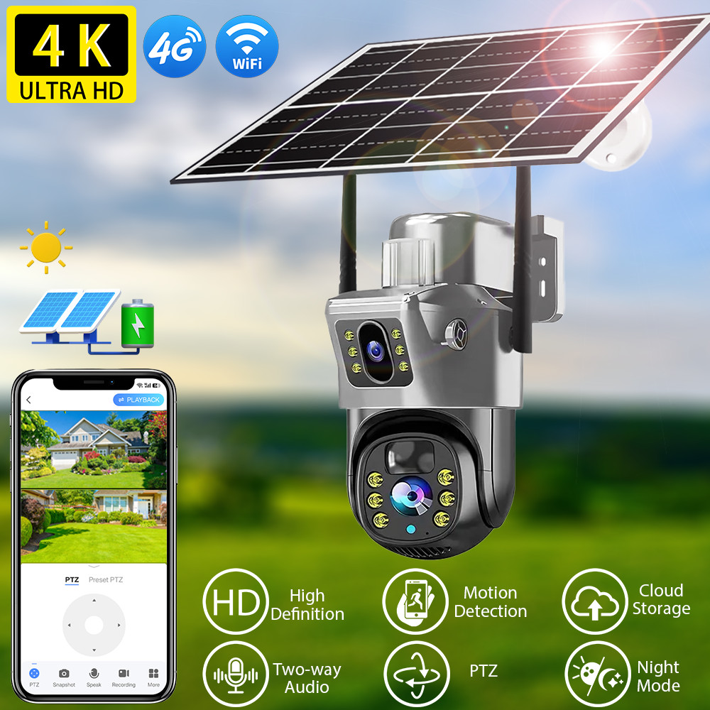 8MP 4K Solar Camera 4G Outdoor HD Dual Lens Security Camera Wireless WiFi PTZ AI Human Detection CCT