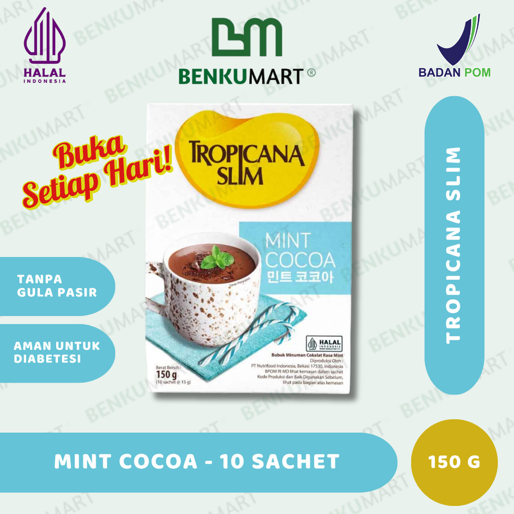 

Tropicana Slim Mint Cocoa (150 gr) | Isi 10 Sachet - Minuman Cokelat Mint Nikmat Tanpa Gula Pasir