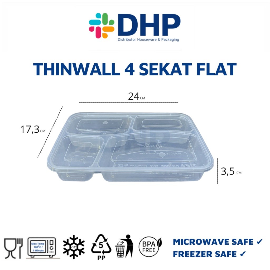 Thinwall Bento 4 Sekat FLAT + Tutup Box Kotak Nasi Plastik Food Container Kotak Makan (ECERAN)