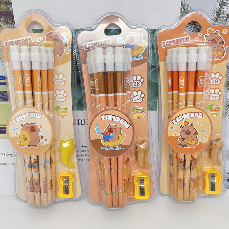 

1Set Cartoon Cute Capybara HB Pencils Pencil Sharpener Eraser Stationery Set Student Writing Drawing Supplies
