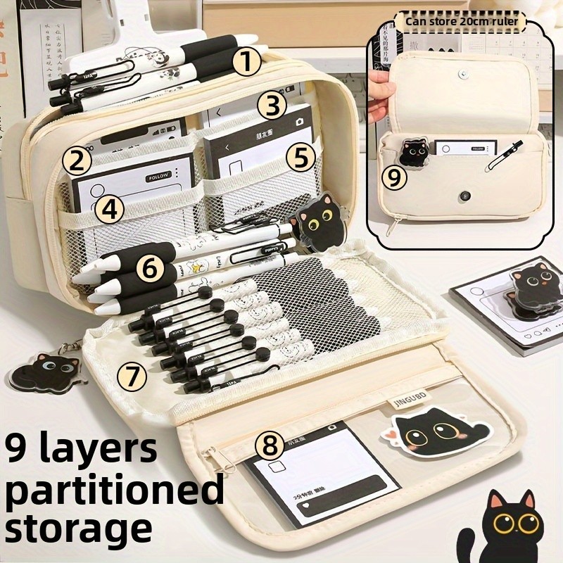 

8pcs Large Capacity Black Cat Pencil Case with Clip Pendant Stickers - Durable Oxford Fabric Organizer Holds 80 Pens
