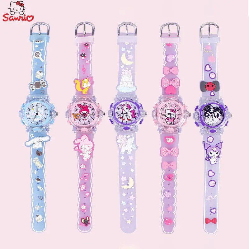Jam Tangan Anak Sanrio Watch Analog Dengan Lampu LED Glowing Kuromi Twinkle Star Hello Kitty My Melo