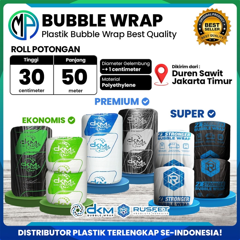

Plastik Bubble Wrap DKM Roll 30cm x 50meter Bening Putih / Hitam Ekonomis Tebal Merek DKMPlus Rusfet