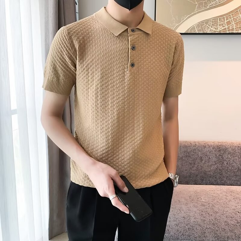 Kaos Kerah Polo Pria Rajutan Kasual Slim Fit Bertekstur Kotak-Kotak