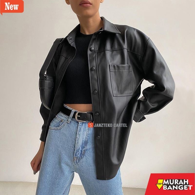 jaket kulit wanita hijab JNK x KMJ - Jaket Wanita Model Oversize Kemeja Blazer Bahan Semi Kulit Sint