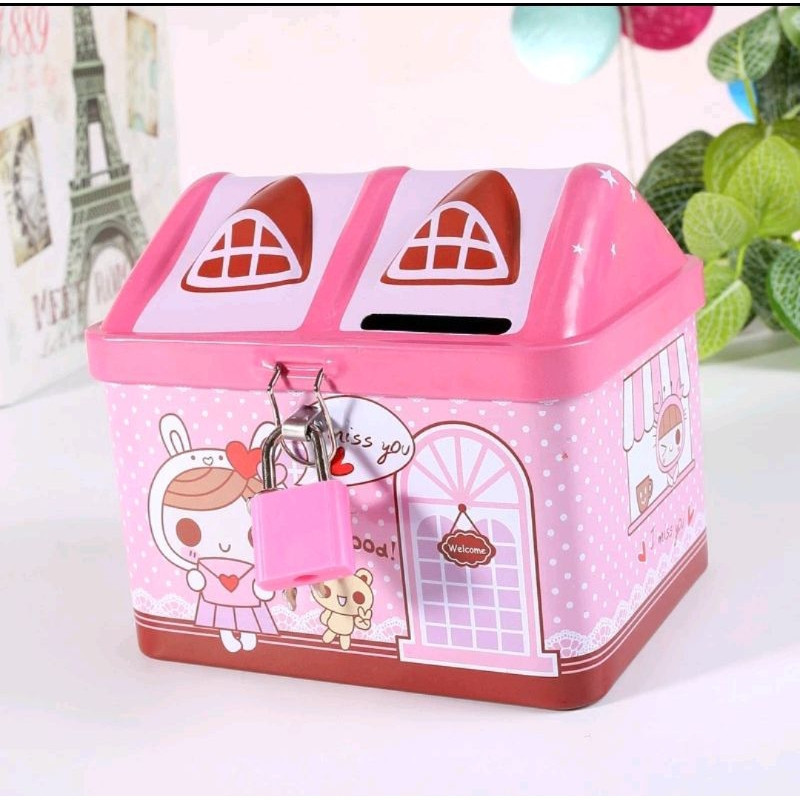 ACEH.BA 131107 Celengan Piggy Bank Kunci Gembok Rumah BLUE AND PINK