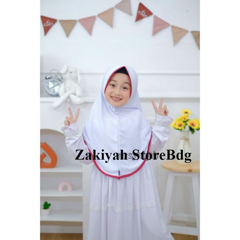 Hijab Anak Putih List Merah Umur 4-8 Tahun / Jilbab Anak Sekolah SD