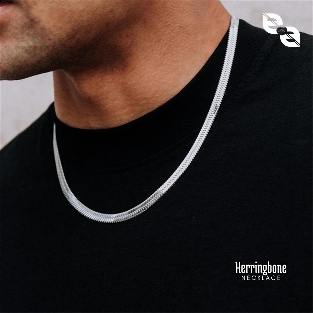 Herringbone Necklace Kalung Rantai Silver Pria Wanita Titanium Stainless Steel Anti Karat Luntur