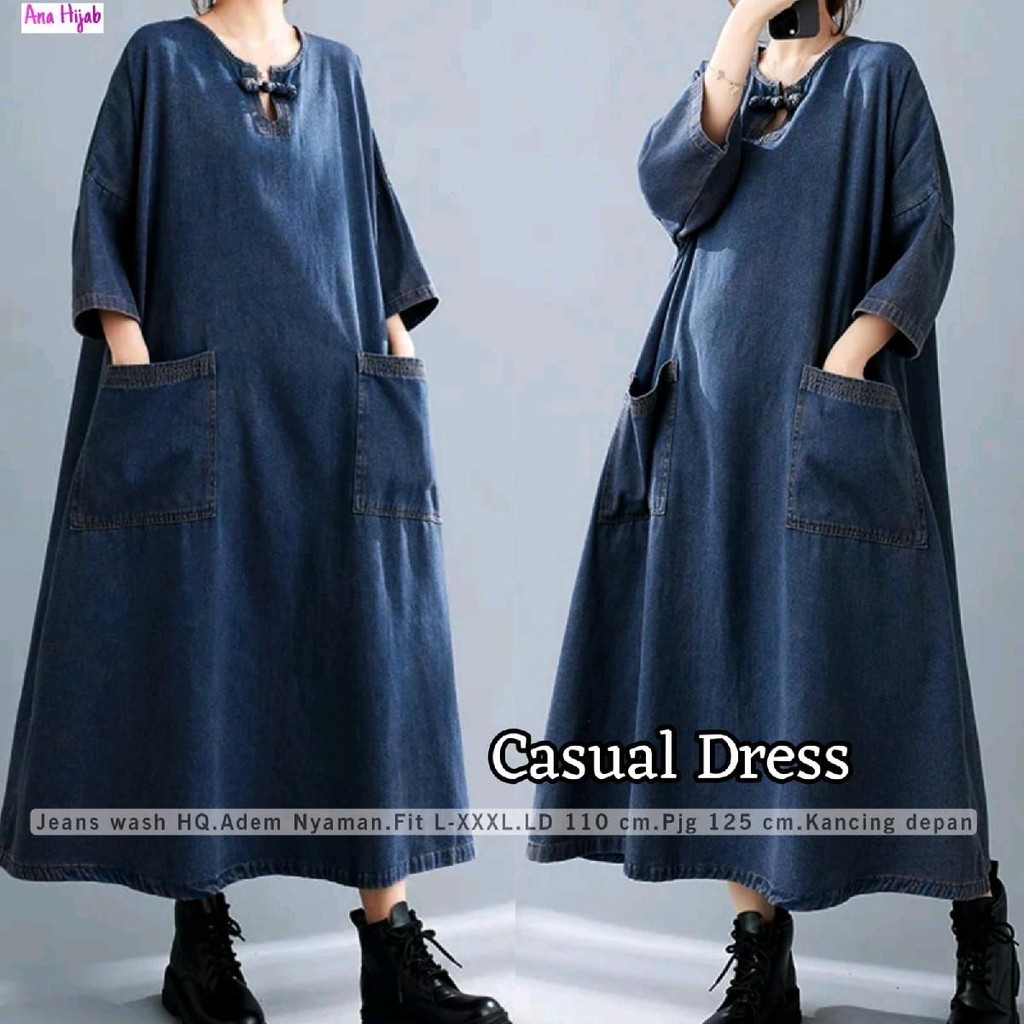 Casual Midi Dress Jeans Premium Saku Depan Tebal