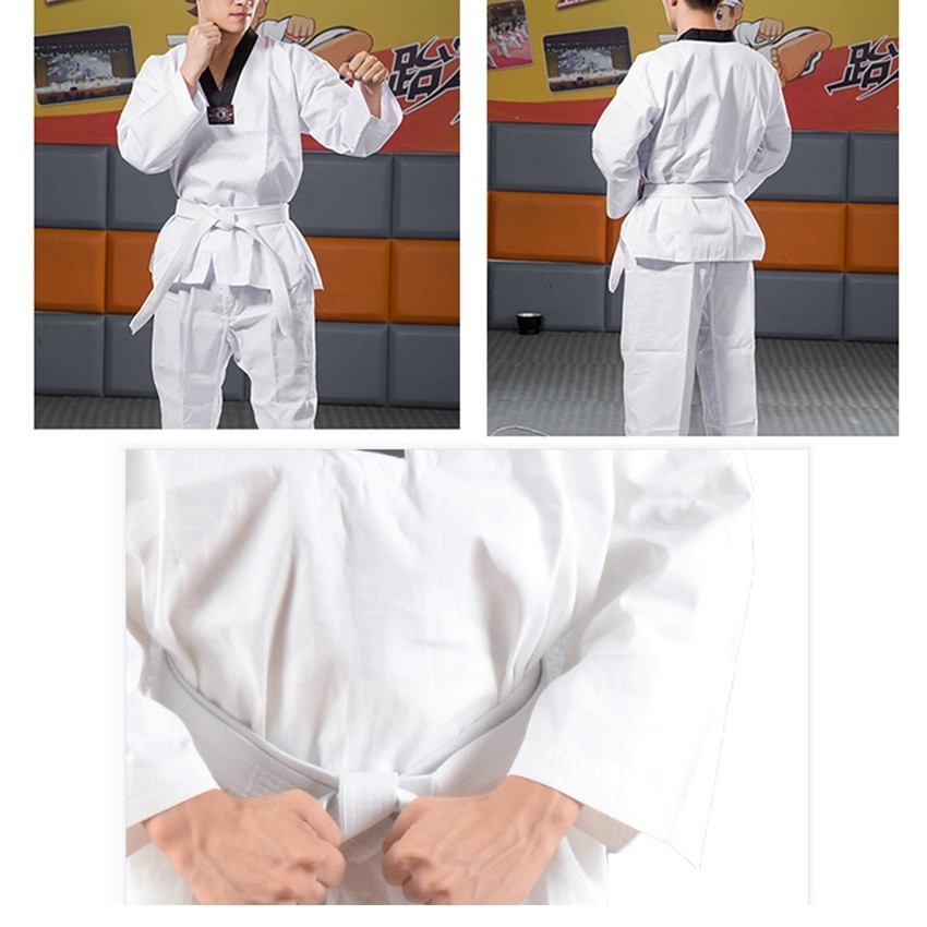 Dobok Baju Taekwondo Seragam Pemula Kerah Hitam untuk Dewasa dan Anak Baju Beladiri