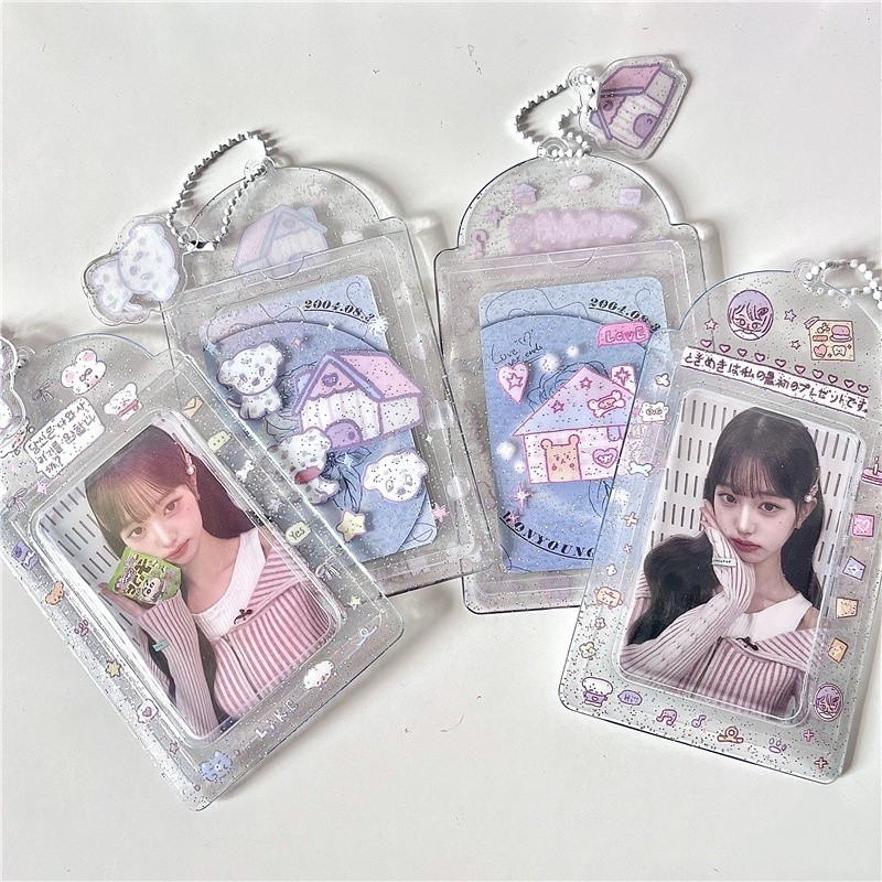 

2PC Kawaii House 3 inch Kpop Photocard Holder PVC Clear Photo Card Holder Bag Pendant School Stationery